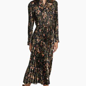 Vince Orchid Vine Floral Print Pleated Satin Long Sleeve Dress $595 NWT